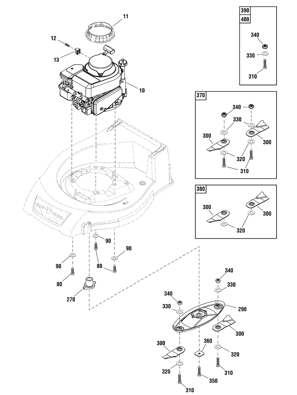 Engine And Blade Group (Yca484) Diagram and Parts List for YCA484-E 2014 Briggs and Stratton Lawn Mower